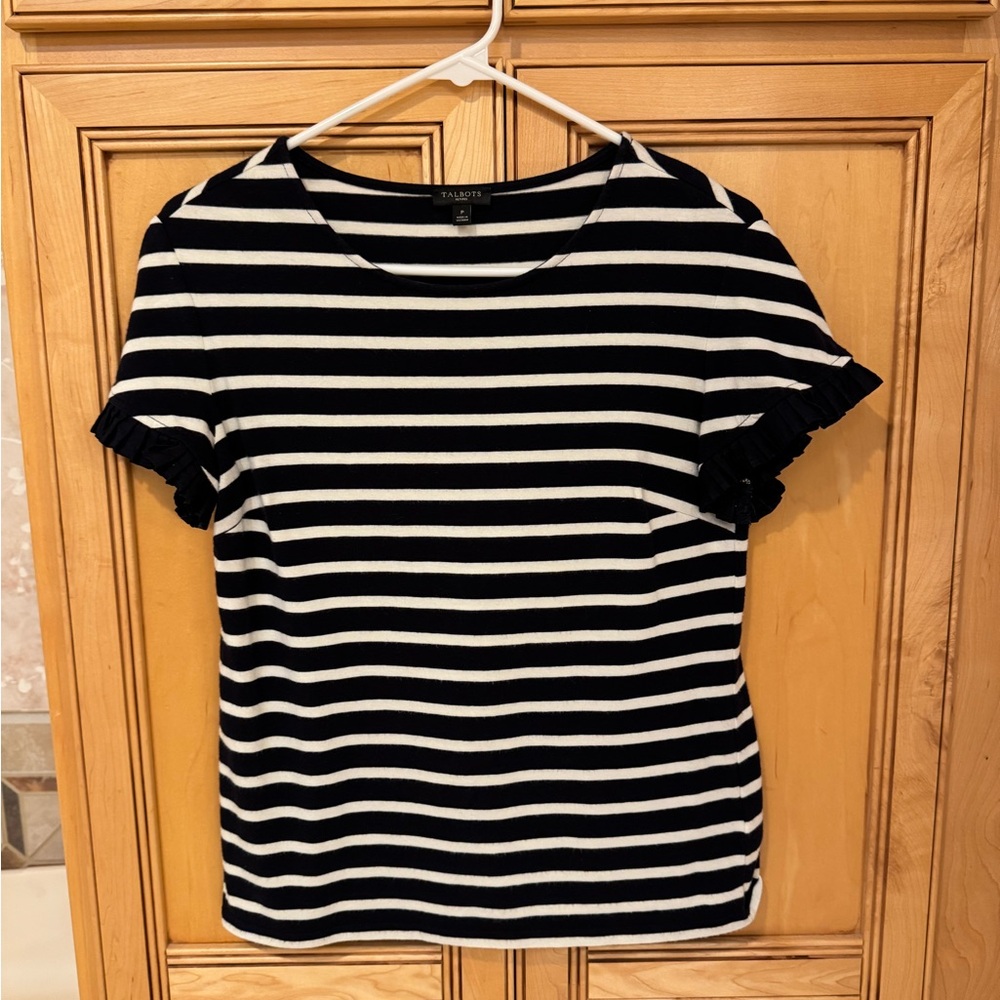 Talbots Black and White Striped Short Sleeve Top